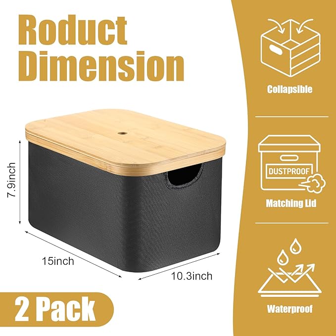 Novabright 2 Pcs Collapsible Storage Basket with Bamboo Lids 15" x 10" Foldable Fabric Storage Bins with Handles for Organizi
