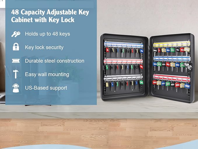 Barska 48-Position Key Cabinet Lock Box – Wall Mount with Key Lock, Adjustable Numbered Hooks & Color-Coded Key Tags for Home