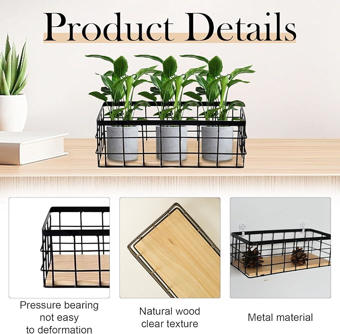 2-Pack Small Wire Baskets, Metal Wire Storage Baskets, Rustic Storage Bin Wood Base Containers Farmhouse Rectangle Organizer 