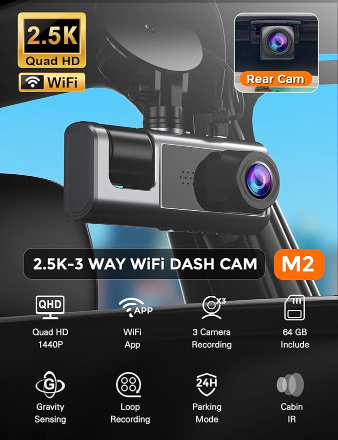 3 Channel WiFi Dash Cam Front and Rear Inside with 64GB SD Card, 2.5K+1080P+1080P Car Dash Camera for Cars Front and Rear, Da