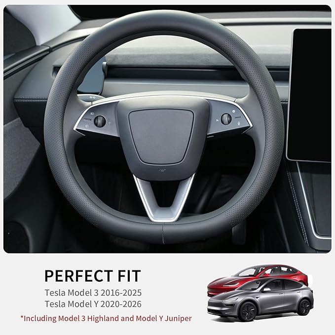 Nappa Leather Steering Wheel Cover Compatible with Tesla Model 3/Y 2016-2025 2026 Juniper/Highland, Non-Slip Breathable Model 3/Y Steering Wheel Protector, Black