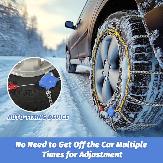 Auto Fixing Snow Chains, 2 x 12 mm, 30s Quick Installation of Tire Chains with Automatic Tensioner, Universal Emergency Tire 