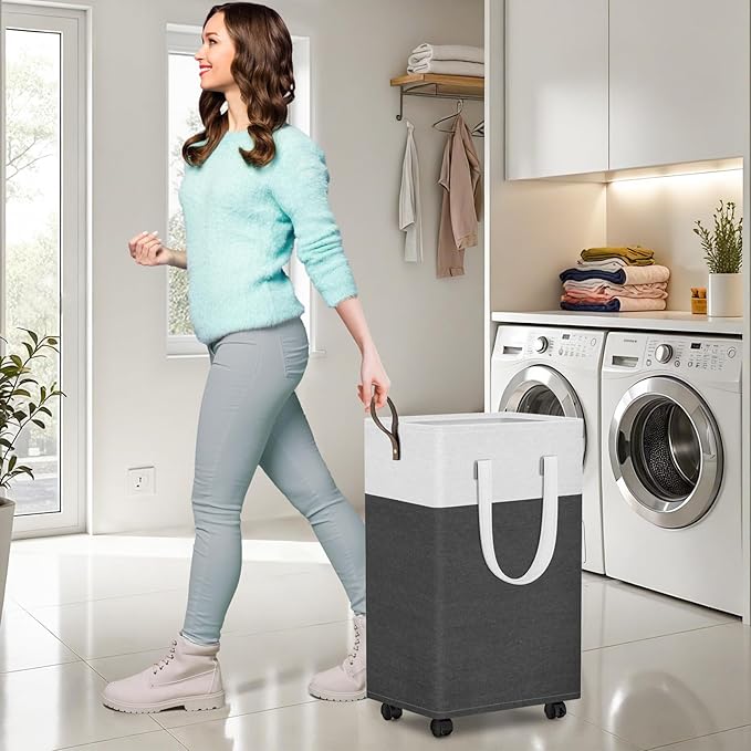 HomeHacks Laundry Basket with Wheels, Rolling Laundry Hamper, Collapsible & Waterproof Clothes Hamper, Narrow Corner Bins wit
