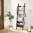 ELYKEN Blanket Ladder, 5-Tier Farmhouse Wooden Rack with Synthetic Leather Pocket, 4 Removable Hooks, Decorative Leaning Ladd