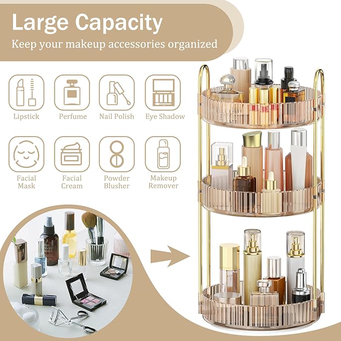 MOKANI 360 Rotating Makeup Organizer for Vanity, 3 Tier Adjustable Perfume Organizer for Dresser, Multi-Function Spinning Cos