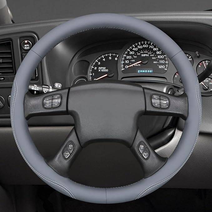 MEWANT Hand Stitch Steering Wheel Cover for Chevy Silverado 1500 2500 3500 2003-2006 Silverado Classic 2007 Trailblazer 2002-2009 Custom Grey Genuine Leather Interior Accessory Wrap Restoration Kit
