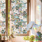 JOONOR Retro Gardenia Flowers Window Privacy Film,Gardenia Stained Glass Window Tint for Home,3D Rainbow Static Cling Sticker for Bathroom Living Room Glass Door,16.93 x 39.37 Inch