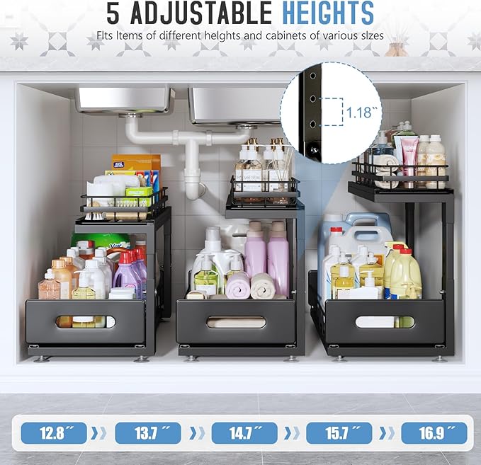 Under Sink Organizer Upgrade To Professional Rails,2-Tier Dual Pull Out Cabinet Storage,Height Adjustable Slide Out Drawers F