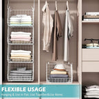 X-cosrack 4 Tier Closet Hanging Organizer, Foldable Closet Shelving with 2 Hanging Hooks 5 S Hooks, Wire Storage Basket for W