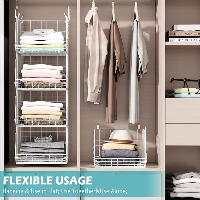 X-cosrack 4 Tier Closet Hanging Organizer, Foldable Closet Shelving with 2 Hanging Hooks 5 S Hooks, Wire Storage Basket for W