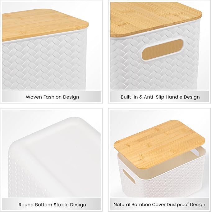 Ohmlove 4 Packs Storage Bins with Bamboo Lids - Plastic Storage Containers with Lids Stackable Storage Box：Storages Baskets f