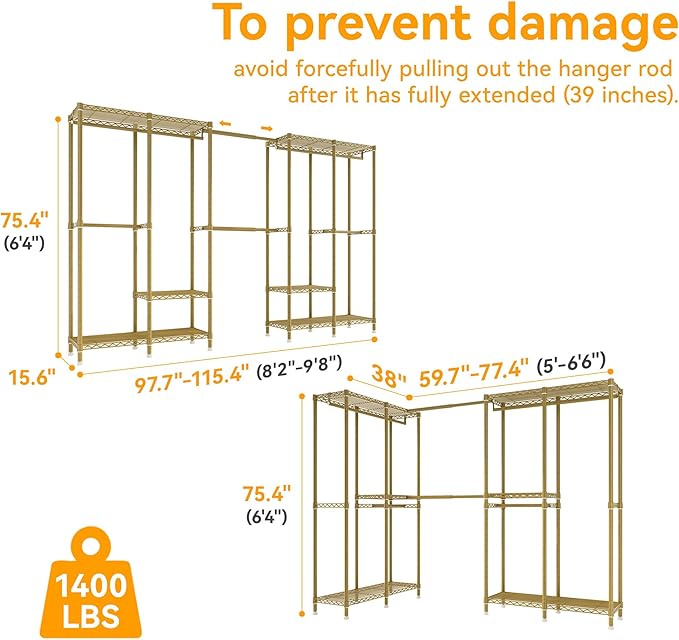Higeego H5 Pro Heavy Duty Clothes Rack Wardrobe Closet for Hanging Clothes, Freestanding Garment Rack with Expandable Hanger 
