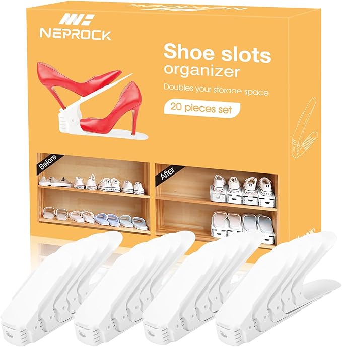 Neprock Shoe Slots Organizer, 20 Pack Adjustable Shoe Rack Stacker Storage Space Saver, Double Deck Shoe Rack Holder for Clos