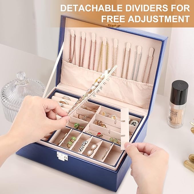 Jewelry Organizer Box PU Leather Jewelry Box for Girls Womens Earring Organizer Boxes 2 Layer Large Jewelry Storage Case Remo