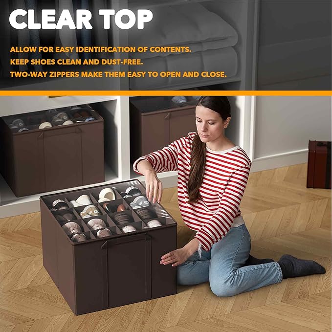 SpaceAid Shoe Organizer for Closet, 2 Pack Foldable Shoe Storage Containers Baskets Boxes Bins w/Adjustable Dividers, Fits 16