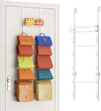 SWTYMIKI Over The Door Purse Organizer - Wall Mounted Purse Rack with 10 Hooks and Metal Basket, Handbag Hanger Organizer Hol