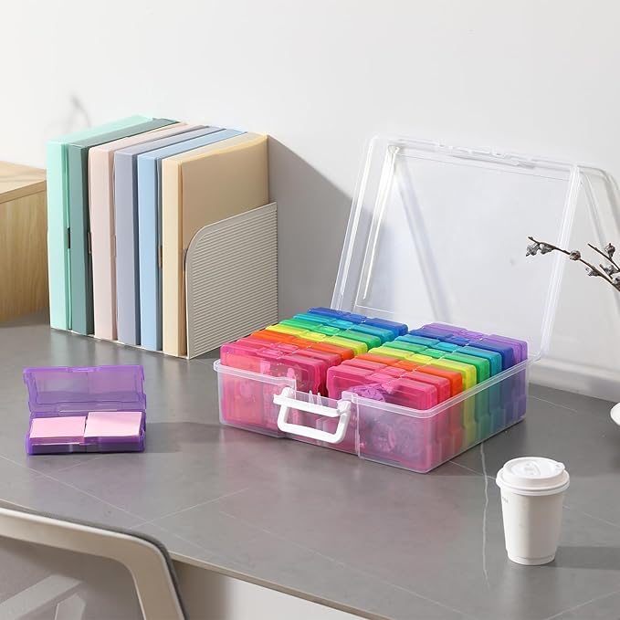 novelinks Transparent 4" x 6" Photo Cases and Clear Craft Keeper with Handle, 16 Inner Photo Organizers & Photo Storage Box, 