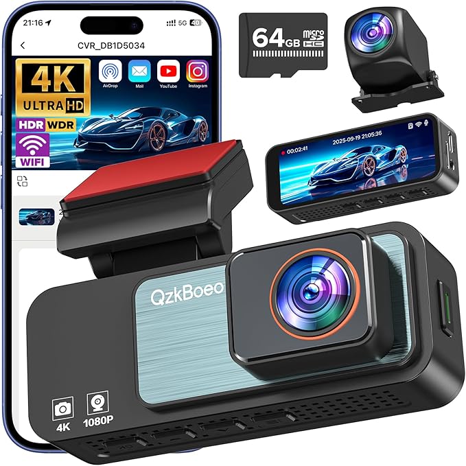 Dashcam Front and Rear Camera, 4K+1080P Dash Camera for Cars, 64GB Card Included, 3.2" IPS Screen, HDR Night Vision, G-Sensor