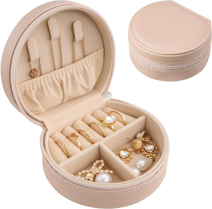 ProCase Travel Size Jewelry Box, Mini Portable Seashell-Shaped Jewelry Case, 2 Layer Organizer in PU Leather for Women -Champ