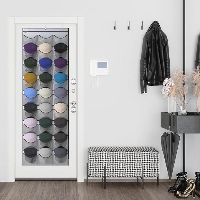 Unjumbly Baseball Hat Rack, 27 Pocket Over-The-Door Hat Organizer with Clear Deep Pockets to Display Baseball Caps Collection