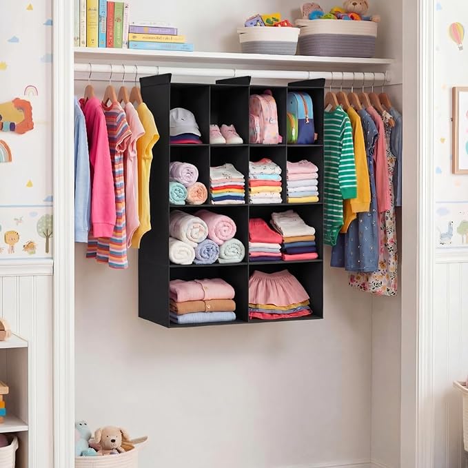 Ofiray-home 4 Tier Hanging Closet Organizer, 12 Compartments Sweater Organizer for Closet with 3 Sturdy Hooks, Closet Organiz