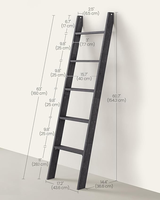 VASAGLE Blanket Ladder Decorative Farmhouse for The Living Room, 5-Tier Ladder Shelf, Ladder Rack for Storage and Decor, Mist