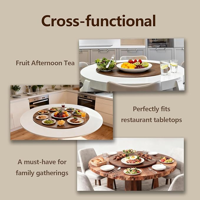 24" Wood Lazy Susan, Large Solid Turntable Serving Tray for Tabletop, Smooth Rotating Round Tray for Kitchen Counter, Dining 