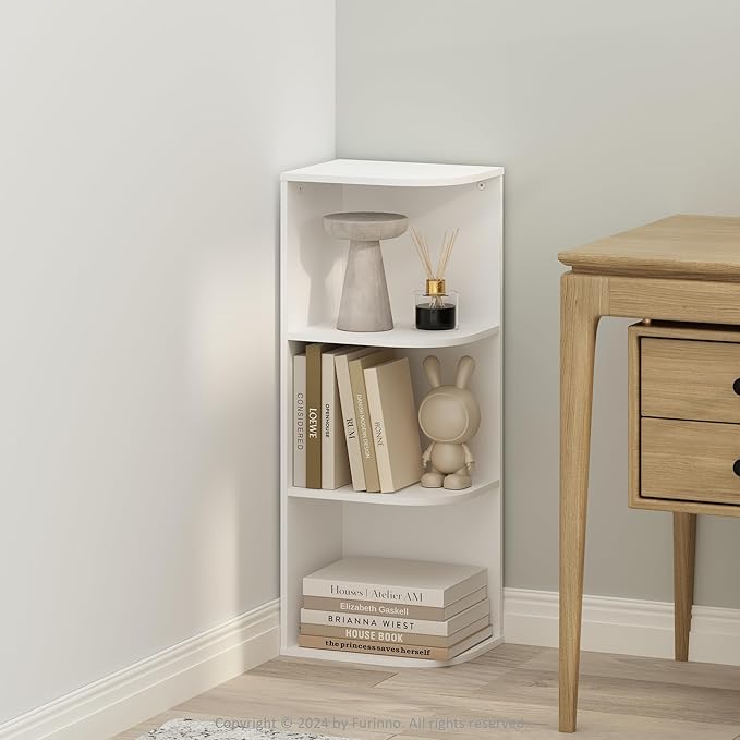 Furinno Reed Corner Shelf, 3-Tier Corner Bookshelf, Book Shelf, Corner Shelves, Storage Rack, for Organization and Storage, H