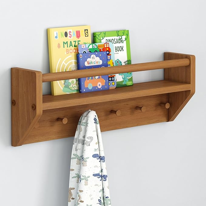 Max & Lily Wall Shelf with Pegs, 24 Inch Floating Bookshelf for Kids Room, Solid Wood Wall-Mounted Storage Shelf with Hooks f