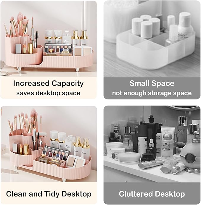 Pink Rotating Vanity Organizer with Brush Holder - Large Spinning Cosmetic Storage, Countertop Makeup & Skincare Organizer, P