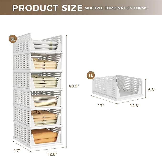 Pinkpum 6 Pack Closet Organizers Storage Bins, Stackable Plastic Drawer Basket for Clothing, Stackable Storage Bins Shelf Sto