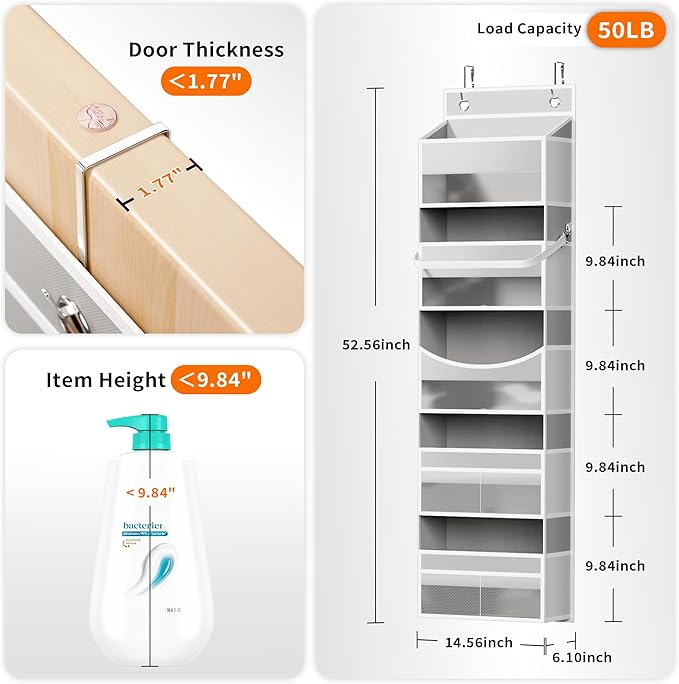 Over the Door Organizer - Behind the Door Storage with Rope for Toilet Paper Storage - Door Organizer Hanging with 5 Spacious