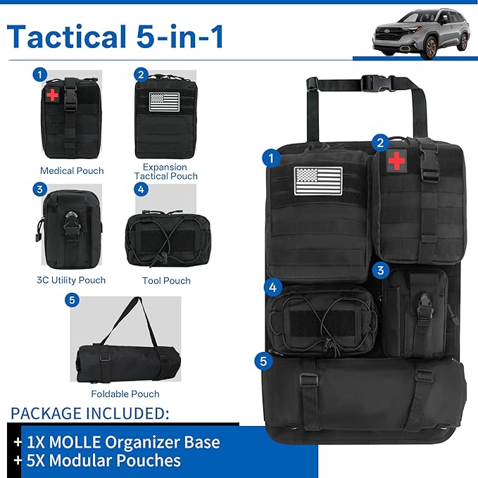 6 Pack Tactical MOLLE Car Seat Back Organizer Universal Vehicle Storage Panel Seat Organizer with 5 Detachable Pouches for Car Truck SUV Jeep Ford with Medical/Phone/Tools Bags (Black)