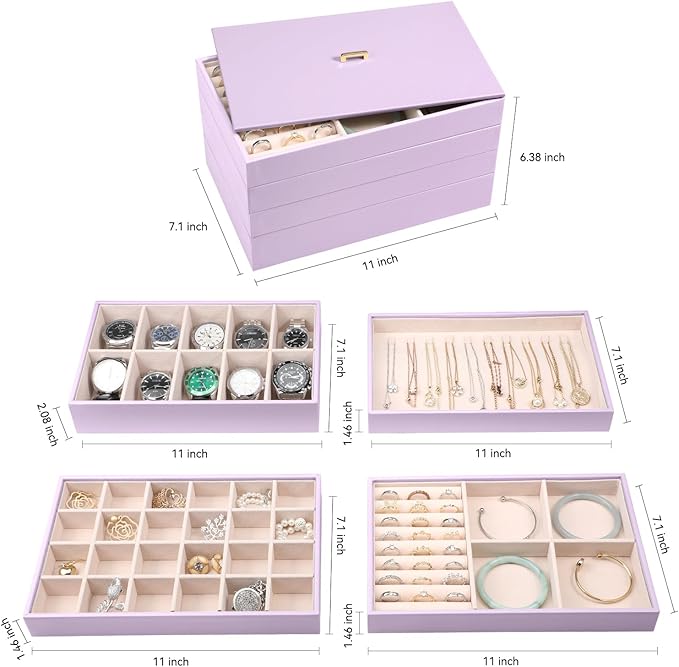 Voova Stackable Jewelry Organizer Tray with Lid, PU Leather Jewelry Storage Holder for Drawer Inserts, Jewellery Display Box 