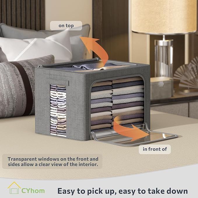 CYhom 4 Pack Clothes Storage Bins with Metal Frame - Linen Fabric Foldable Stackable Container Organizer Set with Clear Windo