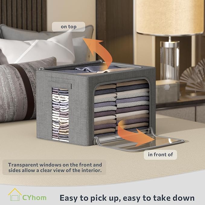 Clothes Storage Bins Box - Linen Fabric Foldable Stackable Container Organizer Set with Clear Window & Carry Handles & Metal 