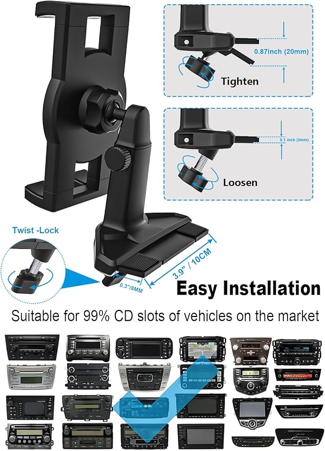 CD Tablet Holder Height Adjustable, CD Slot Tablet Mount for Car [Telescopic Arm 4.7"] Vehicle CD Player Tray Cradle for iPad Pro Air Mini, Galaxy Tabs, iPhone, 4-12.9" Tablets & Phones