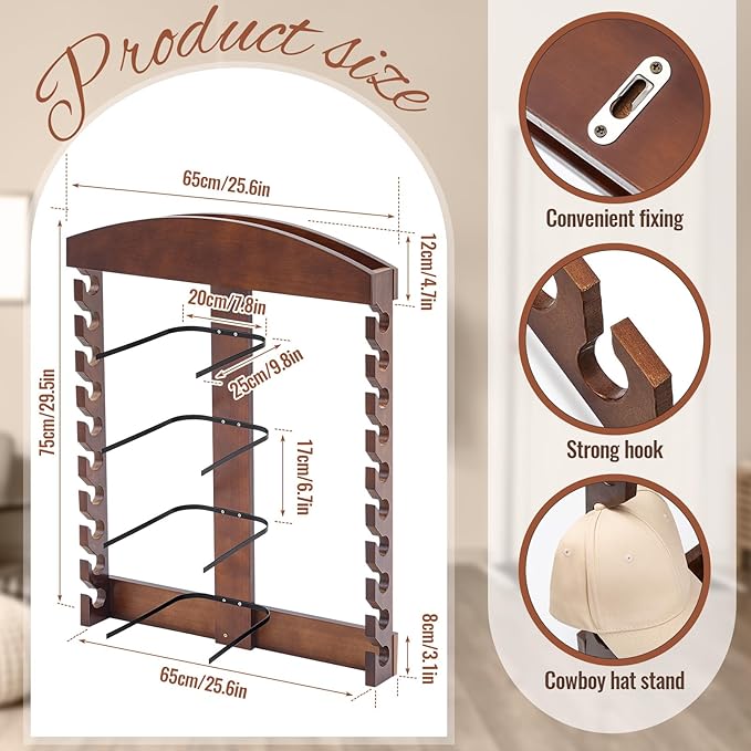 Wonderjune Wooden Hat Racks for Baseball Caps, Display Wall Mounted four Cowboy Hat Rack Baseball Cap Display Racks Wood Vert