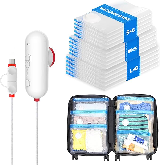 VMstr 15 Pack Travel Vacuum Storage Bags with USB Pump, Vacuum Packing Seal for Luggage and Suitcase, Space Saver for Clothes