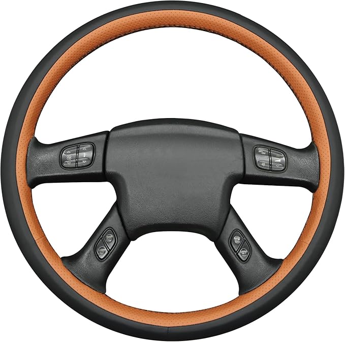 MEWANT Hand-Stitched Steering Wheel Cover for Chevy Silverado 1500 2003-2006 Trailblazer Black Brown Faux Leather Wrap