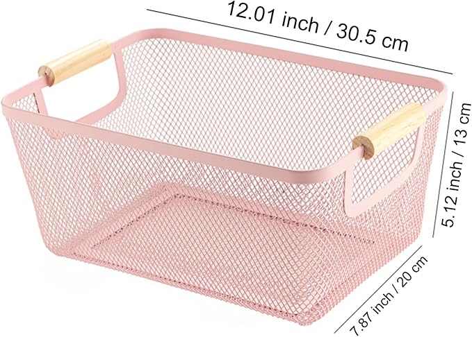AJIODA Metal Mesh Steel Basket, Medium Wire Storage Organizer Basket Multi-function Hanging Kitchen Basket with Wood Handle f