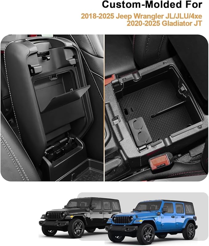 ECOZEN 2026 Wrangler JL Center Console Organizer - 2 Pcs Center Console Organizer Tray + Armrest Hidden Storage Box For 2018-2026 Jeep Wrangler JL/JLU/4xe & 2020-2025 Gladiator JT Accessories
