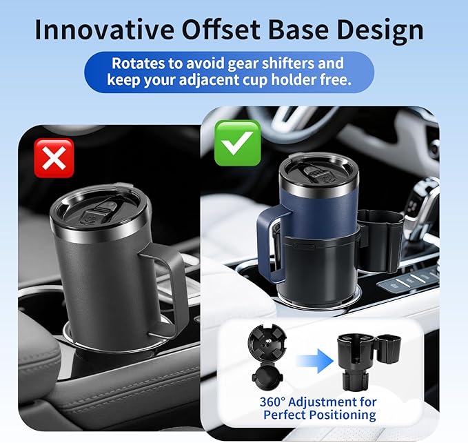 Car Cup Holder Expander W/Offset Adapter, 2-in-1 Cup Holder Extender for Large Bottles up to 4.3", Adjustable Base Fits Stanl