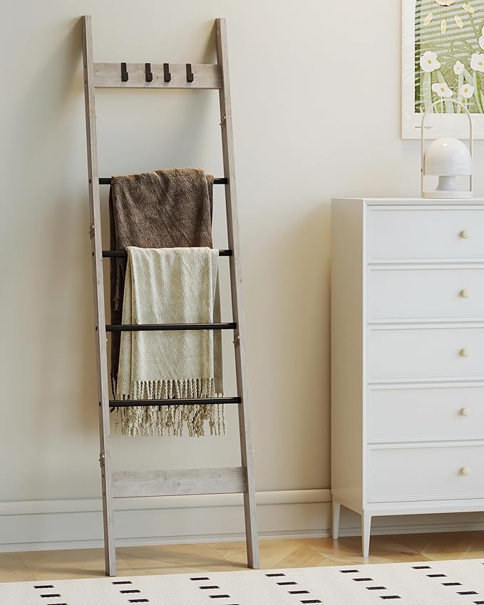 Hzuaneri Blanket Ladder for Living Room, Decorative Quilt Rack with 4 Removable Hooks, 6-Tier Farmhouse Ladder Holder Shelf O