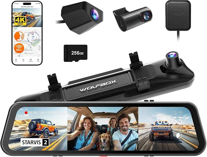 WOLFBOX G900 Tripro Cabin Version 3 Channel 4K Rear View Mirror Camera,8MP STARVIS IMX678 Night Vision,4K+1080P+2.5K Front In