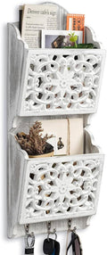 Key and Mail Holder for Wall Mail Holder for Wall, 2-Slot Mails Organizer with 3 Hooks, Key Hangers Rustic Wooden Walls Organ