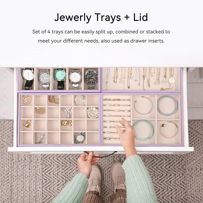 Voova Stackable Jewelry Organizer Tray with Lid, PU Leather Jewelry Storage Holder for Drawer Inserts, Jewellery Display Box 
