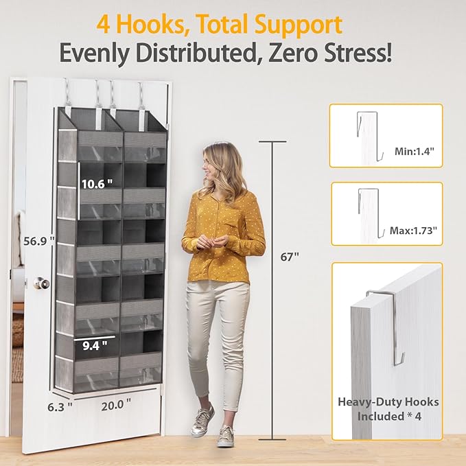 Over The Door Organizer with 5 Shelves, 9 Compartments + 10 Side Pockets, 90+ lbs Weight Capacity, Heavy-Duty Behind the Door