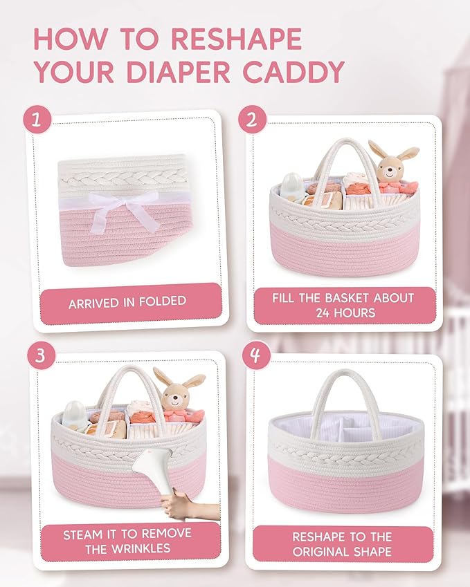 Maliton Diaper Caddy for Baby Girl-Cotton Rope Diaper Caddy, Diaper Organizer for Changing Table, Portable Baby Basket for St