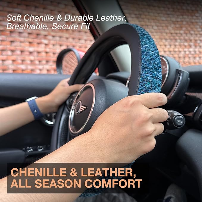 PINCTROT Large Size Chenille Leather Steering Wheel Cover, Soft Mottled Colors, Sweat-Proof, Non-Slip Grip, All-Season Comfor